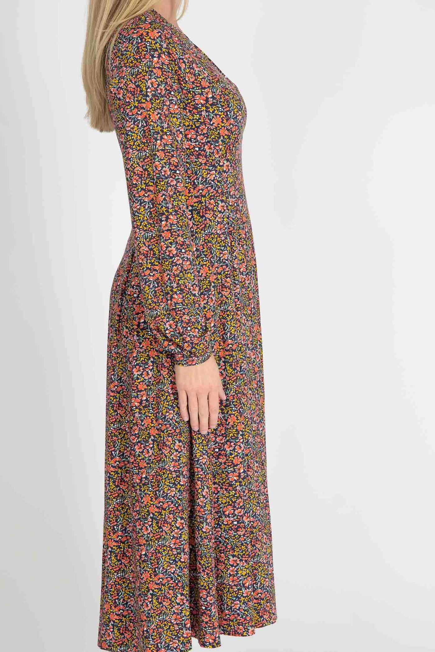 Pleated waist midi jersey dress - Navy flowers