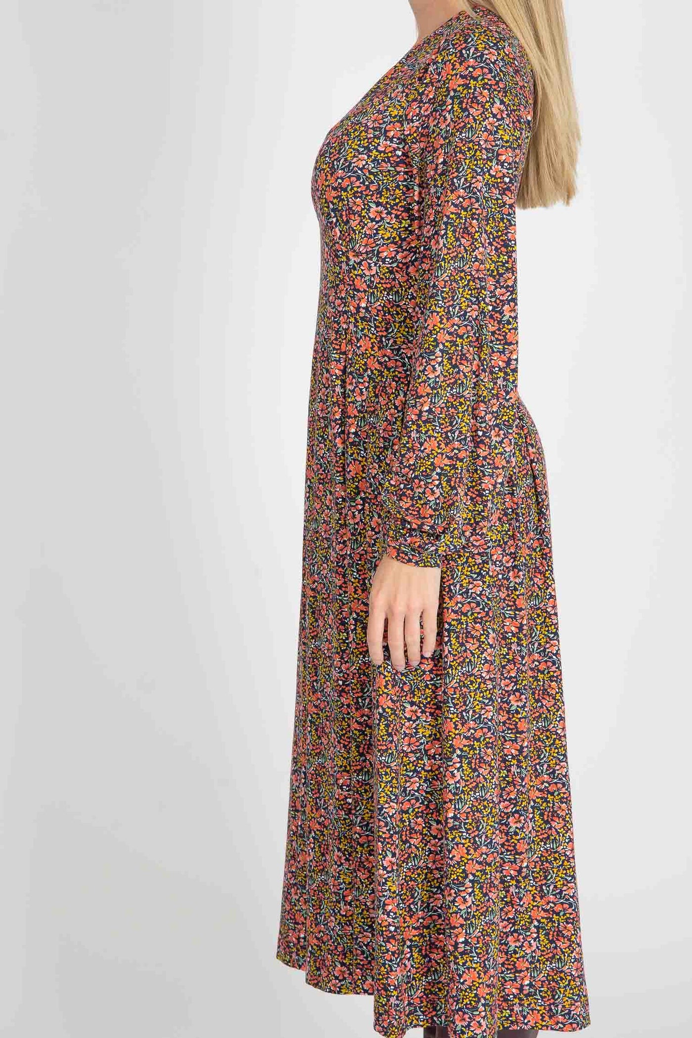 Pleated waist midi jersey dress - Navy flowers
