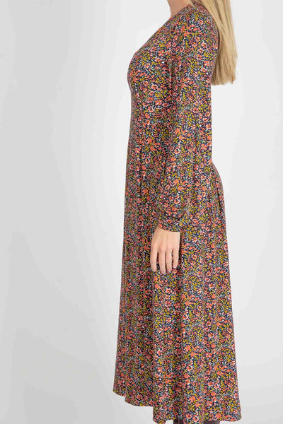 Pleated waist midi jersey dress - Navy flowers