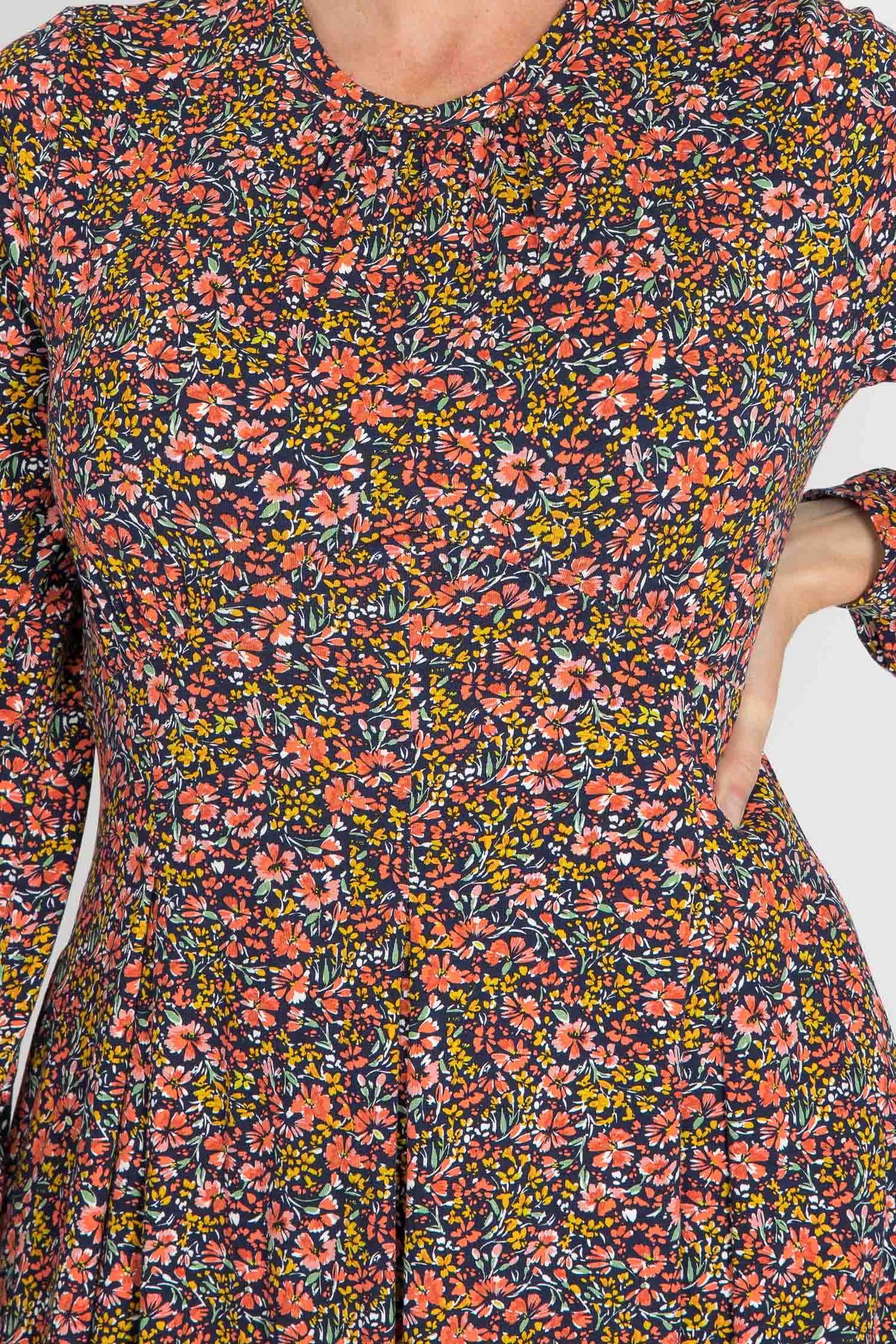 Pleated waist midi jersey dress - Navy flowers