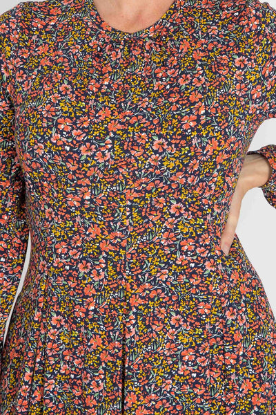 Pleated waist midi jersey dress - Navy flowers