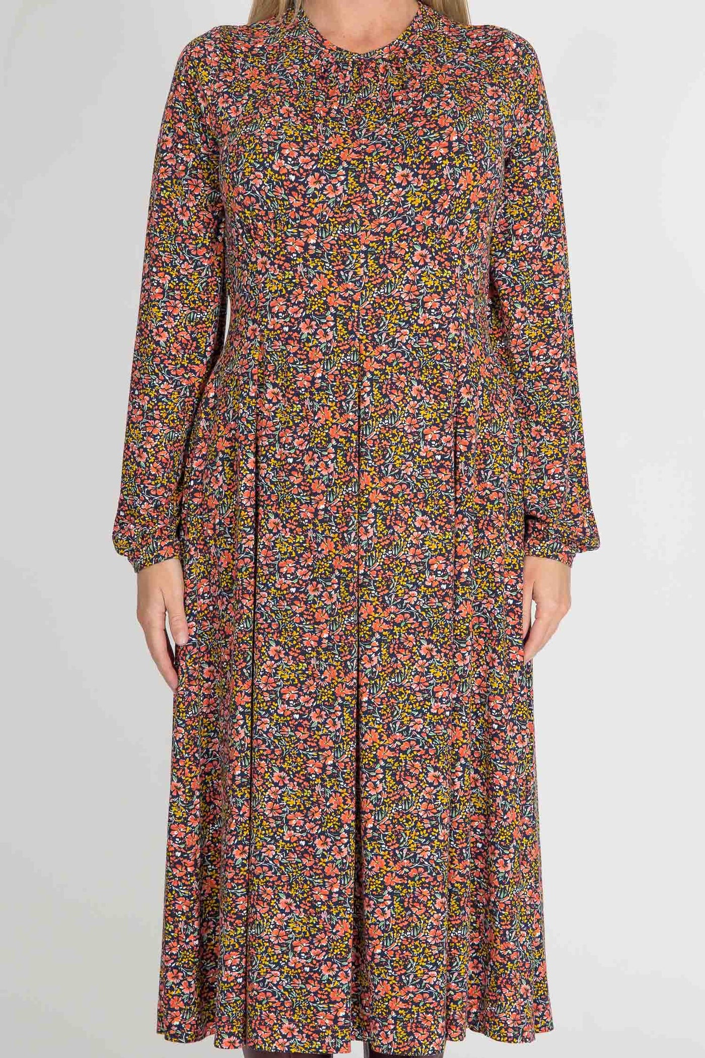 Pleated waist midi jersey dress - Navy flowers