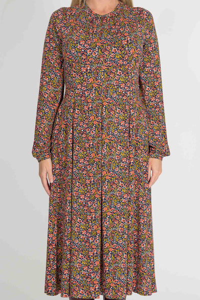 Pleated waist midi jersey dress - Navy flowers