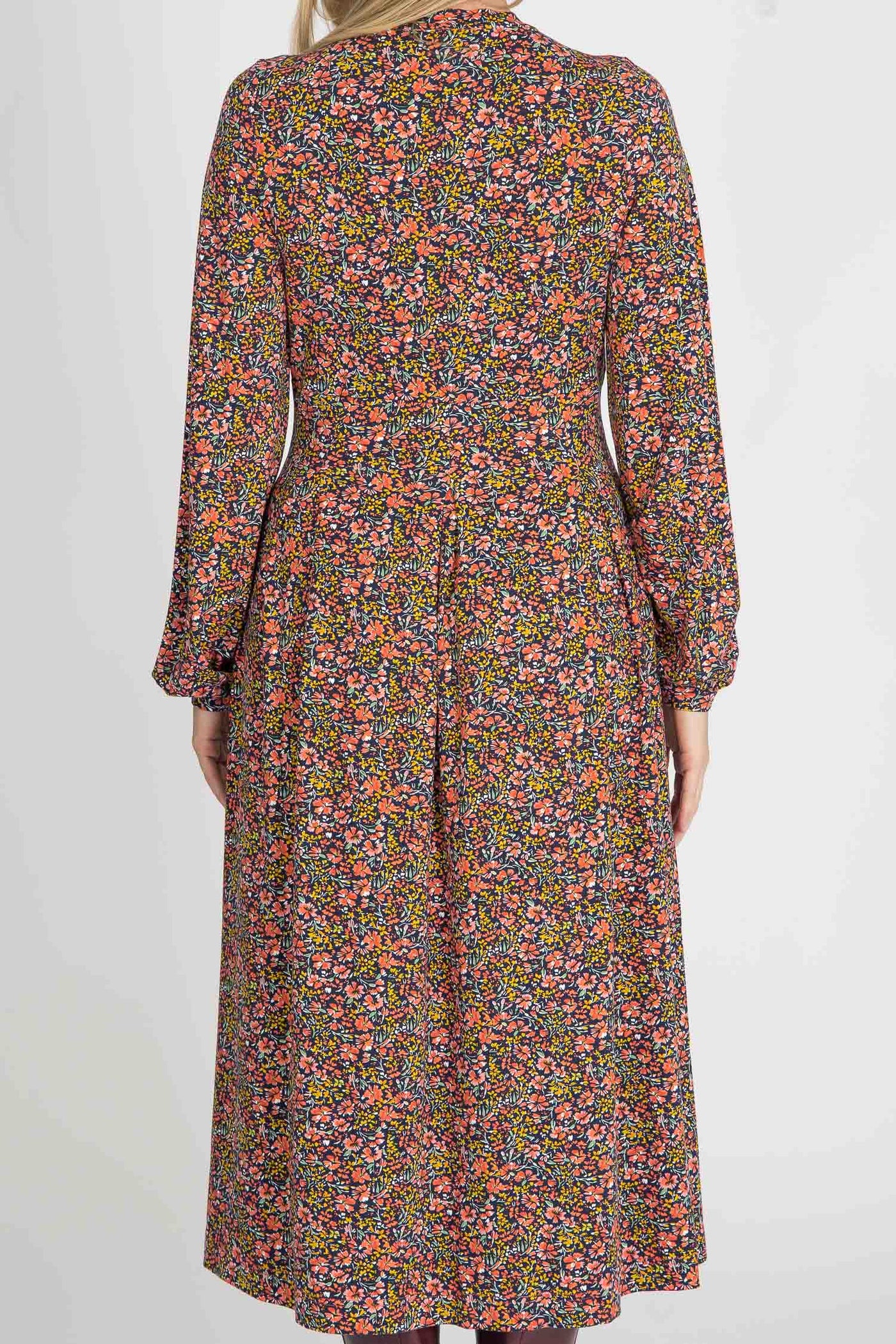 Pleated waist midi jersey dress - Navy flowers