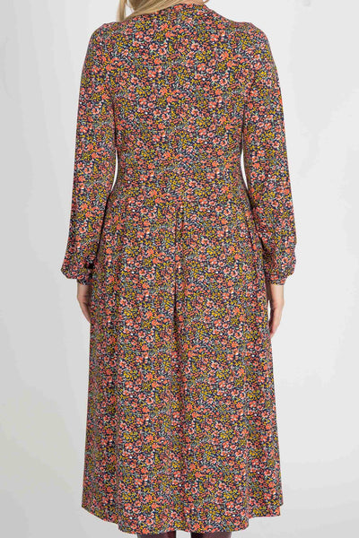 Pleated waist midi jersey dress - Navy flowers