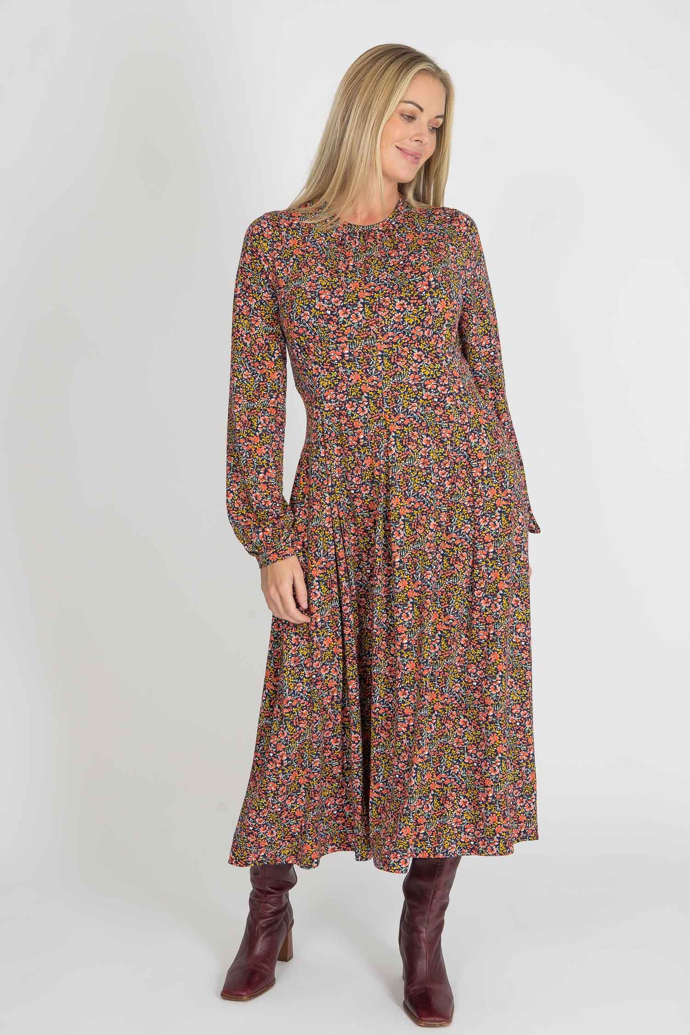 Pleated waist midi jersey dress - Navy flowers