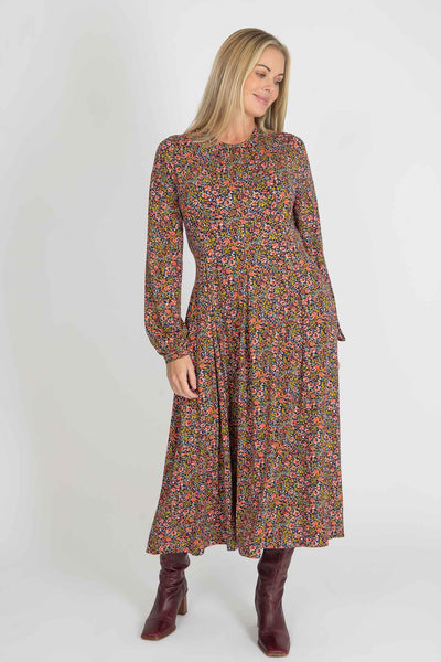 Pleated waist midi jersey dress - Navy flowers