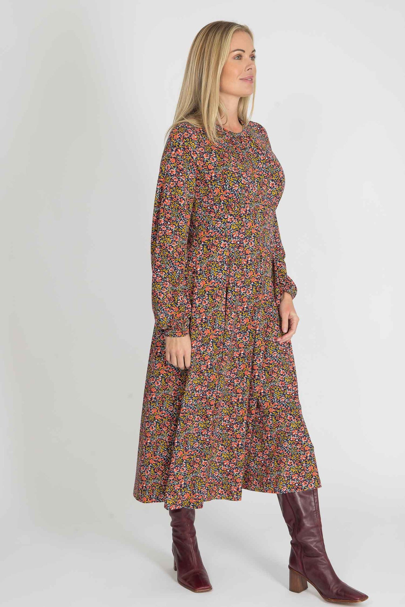 Pleated waist midi jersey dress - Navy flowers