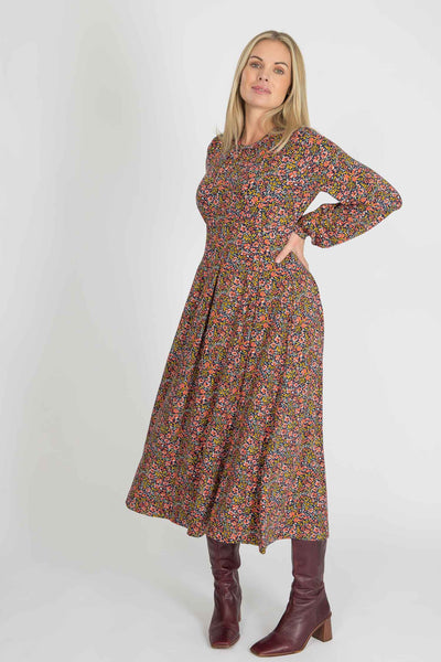 Pleated waist midi jersey dress - Navy flowers