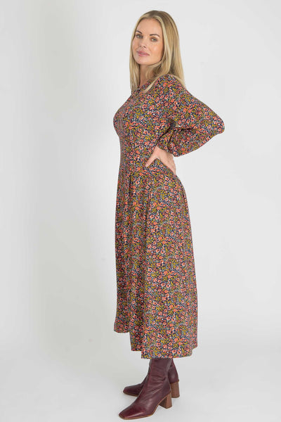 Pleated waist midi jersey dress - Navy flowers