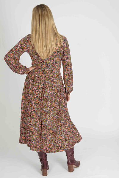 Pleated waist midi jersey dress - Navy flowers