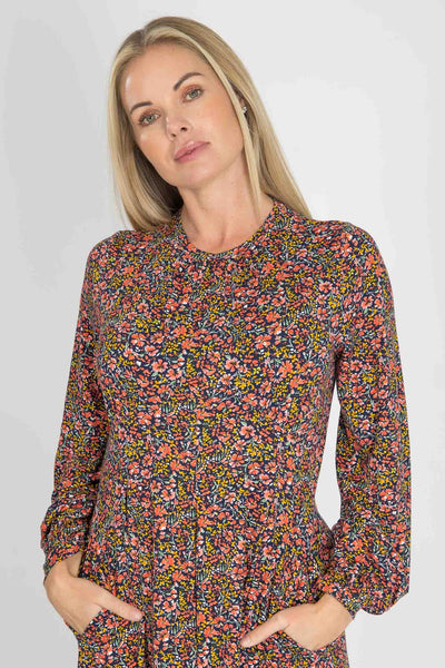 Pleated waist midi jersey dress - Navy flowers