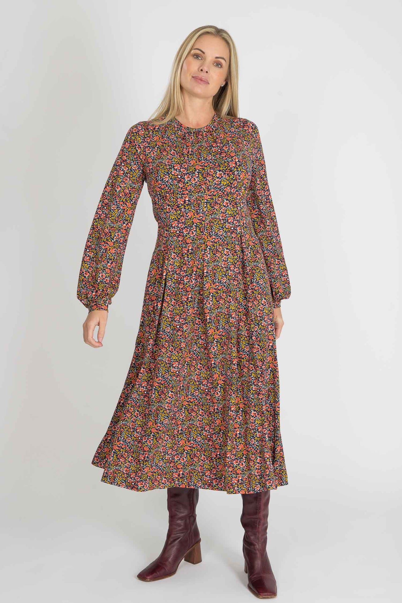 Pleated waist midi jersey dress - Navy flowers