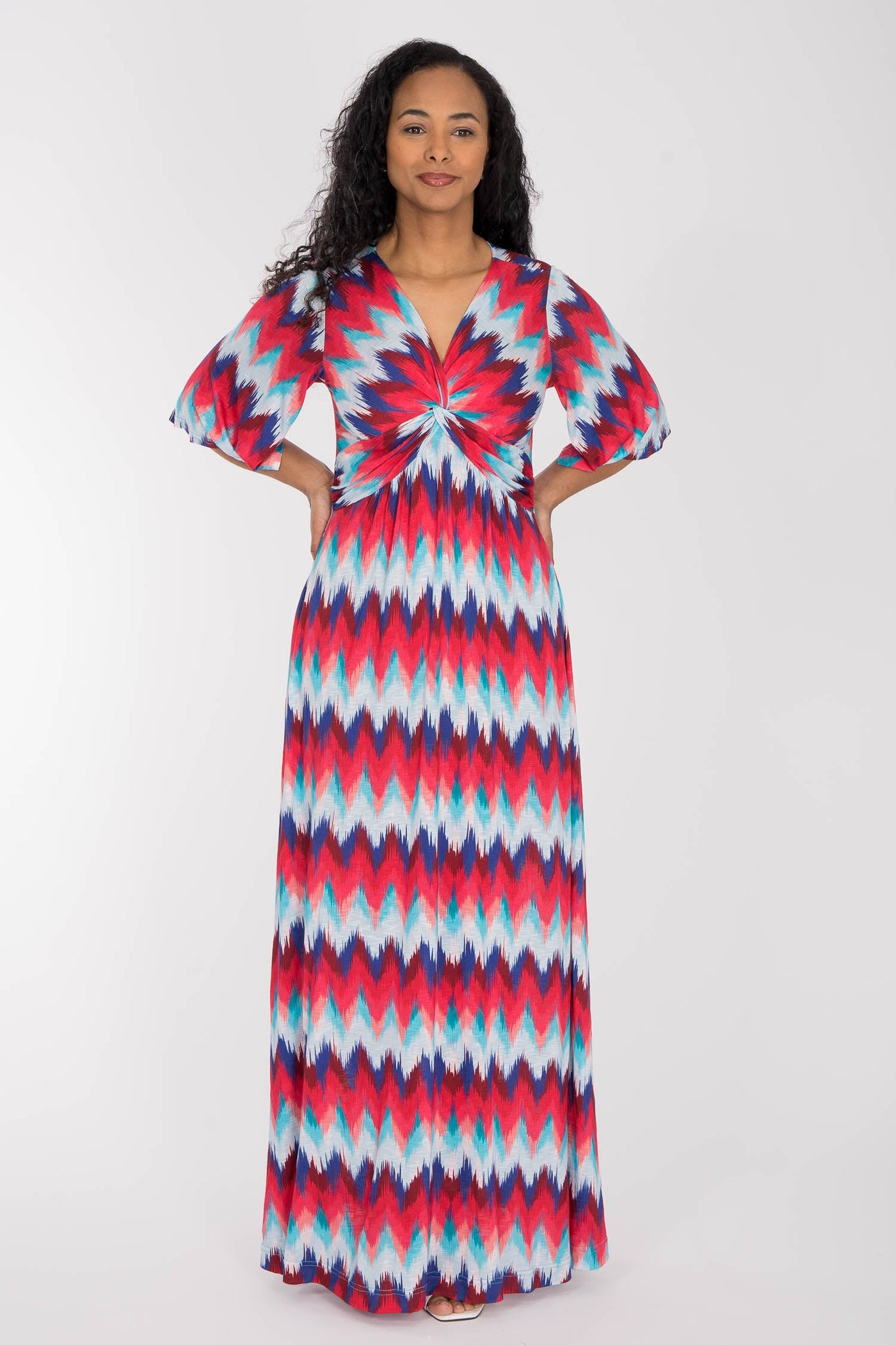 Knot draped maxi jersey dress - Blue-Pink
