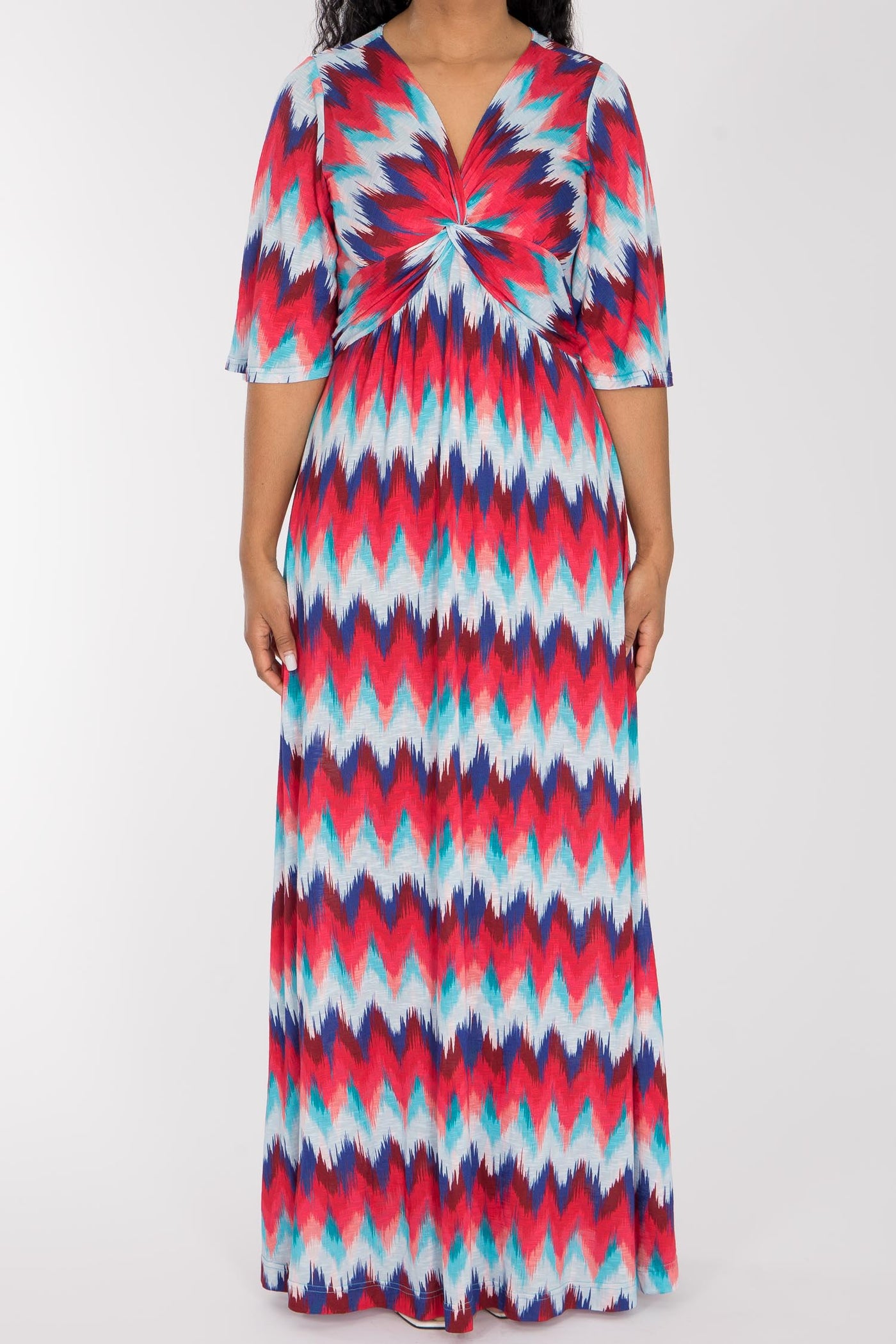 Knot draped maxi jersey dress - Blue-Pink