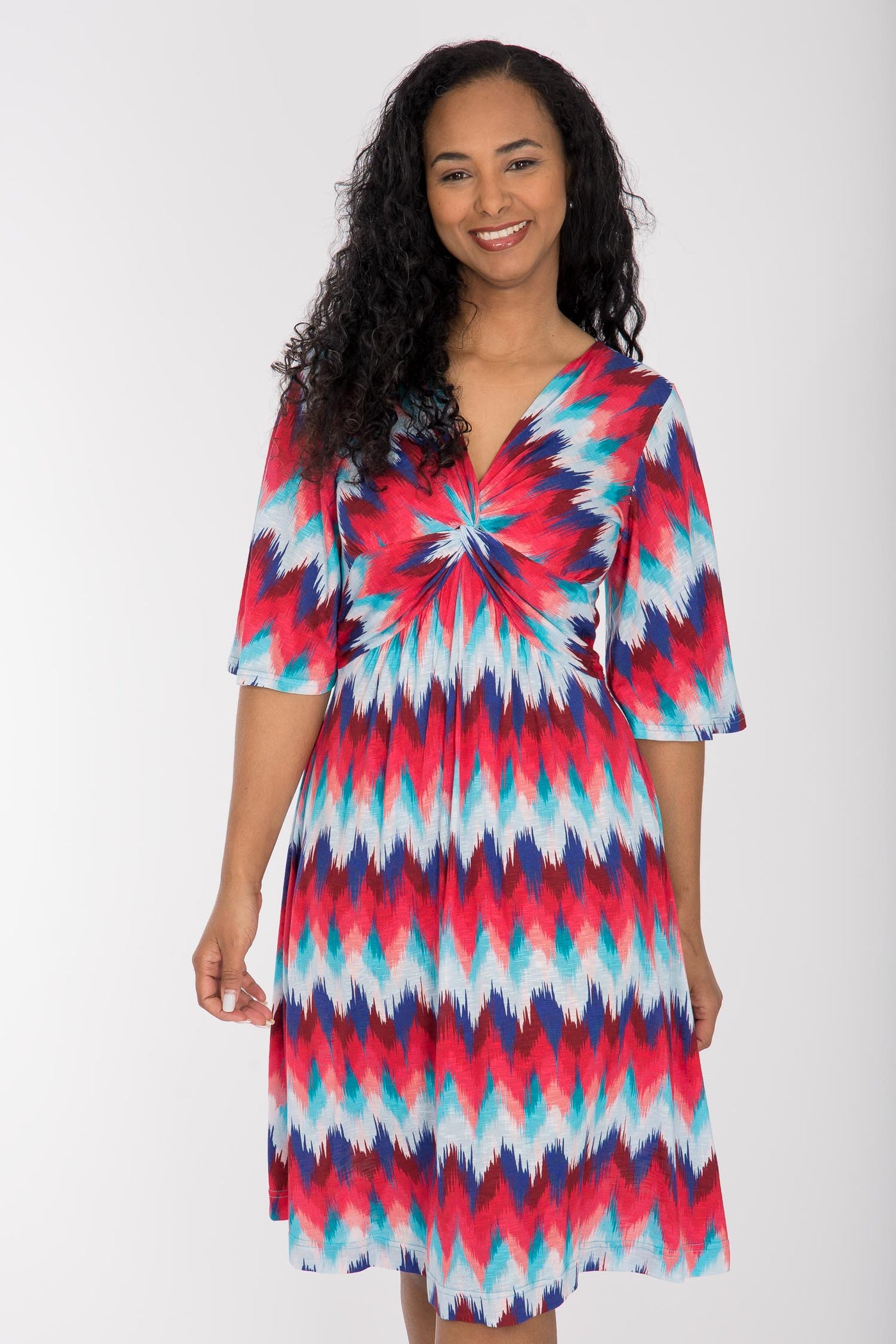 Knot draped short jersey dress - Blue-Pink