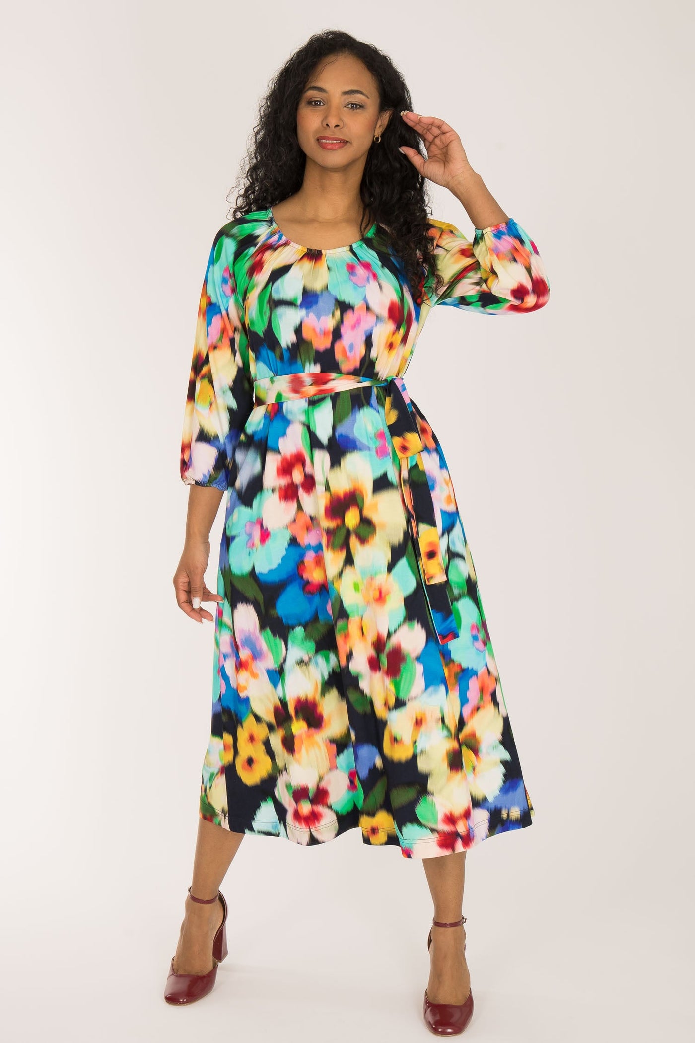 A-lined belted midi jersey dress - Navy