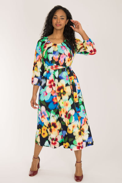 A-lined belted midi jersey dress - Navy