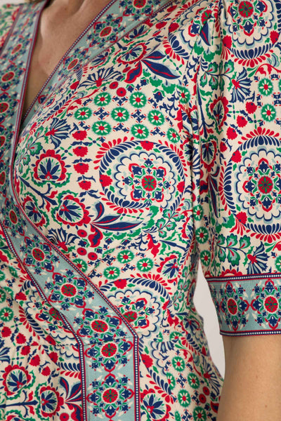 Slip-On wrap short jersey dress - Blue folklore