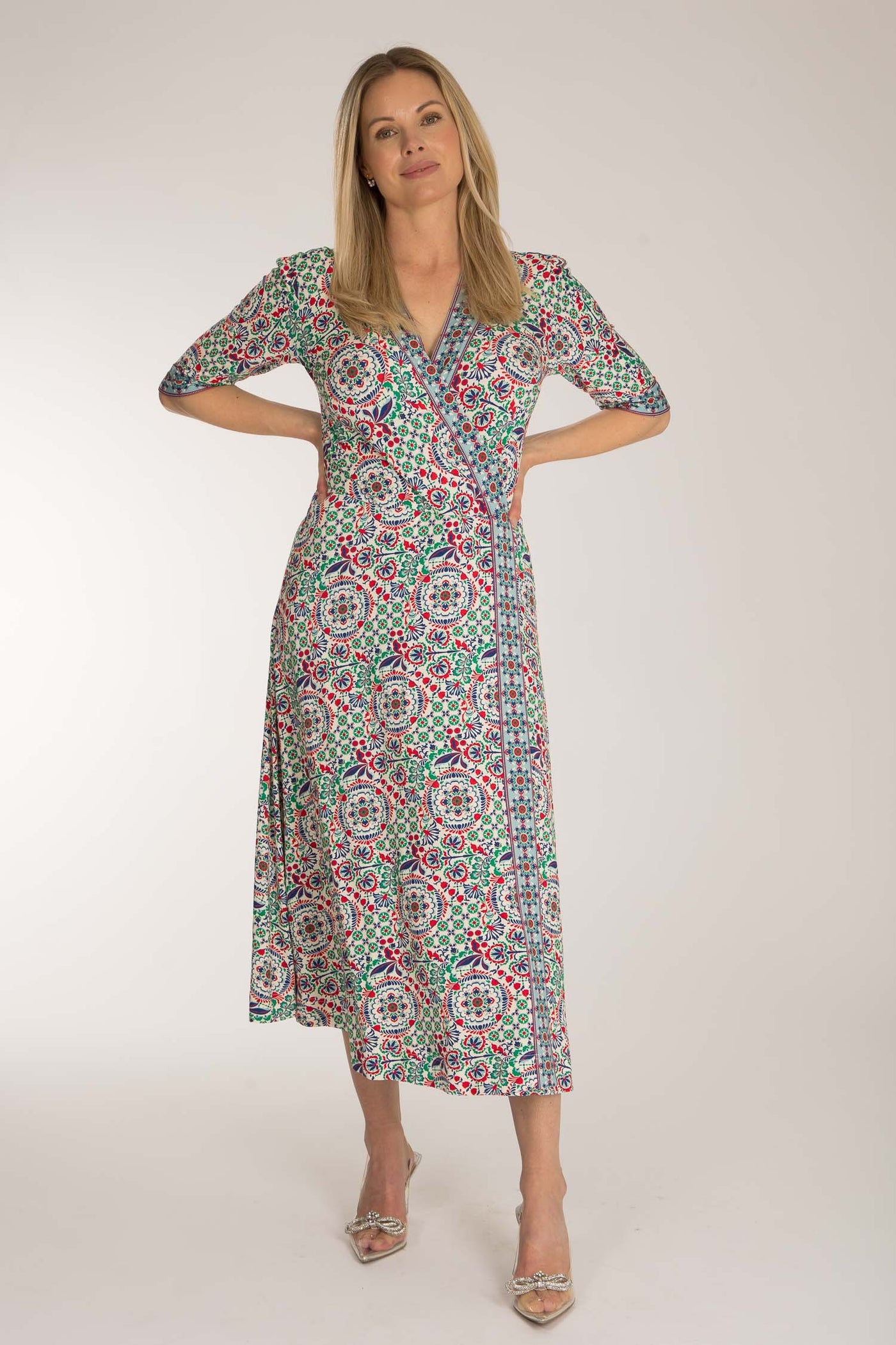 Slip-On wrap midi jersey dress - Blue folklore
