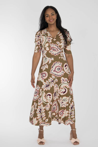Closed wrap midi jersey dress - Olive