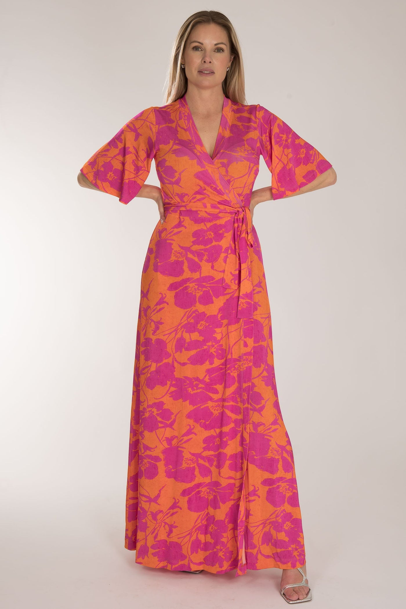 Bestie shine wrap maxi jersey dress - Pink-Orange