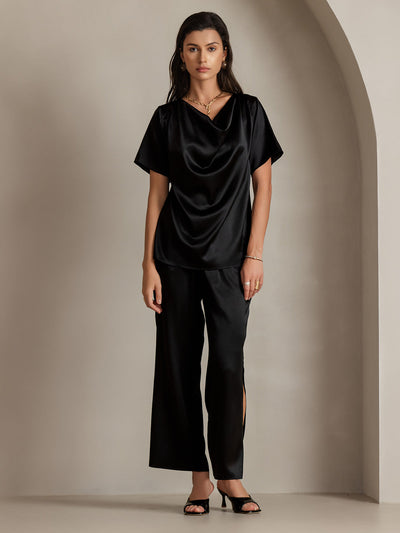 Reyanna™ | Siden avslappnad cowl neck t-shirt med kort ärm