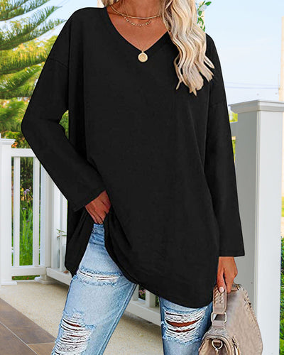 Enfärgad v-ringad långärmad dam t-shirt