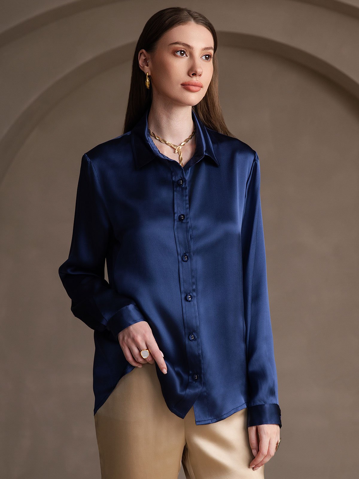 Dam 19 Momme Mulberry Silke Elegant Långärmad Skjorta