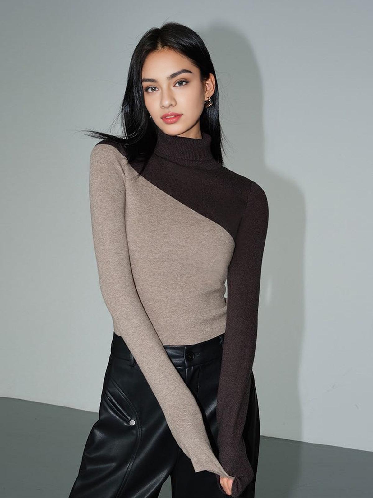 Reyanna™ | Asymmetric Patchwork Long Sleeve Mock Neck Knit Top