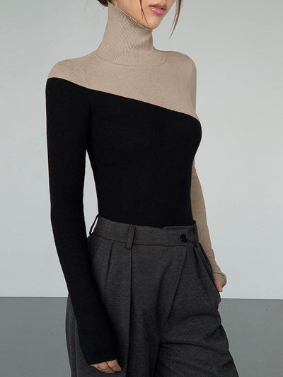 Reyanna™ | Asymmetric Patchwork Long Sleeve Mock Neck Knit Top