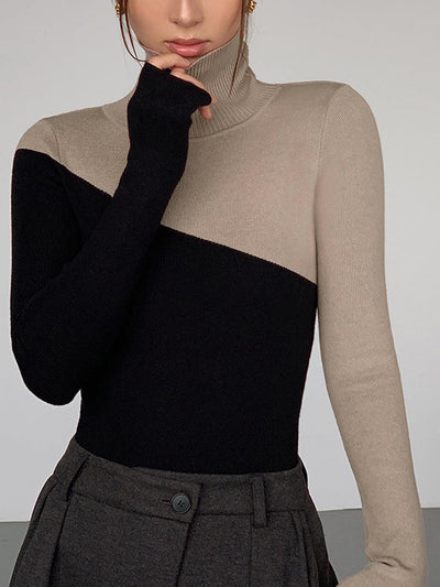Reyanna™ | Asymmetric Patchwork Long Sleeve Mock Neck Knit Top
