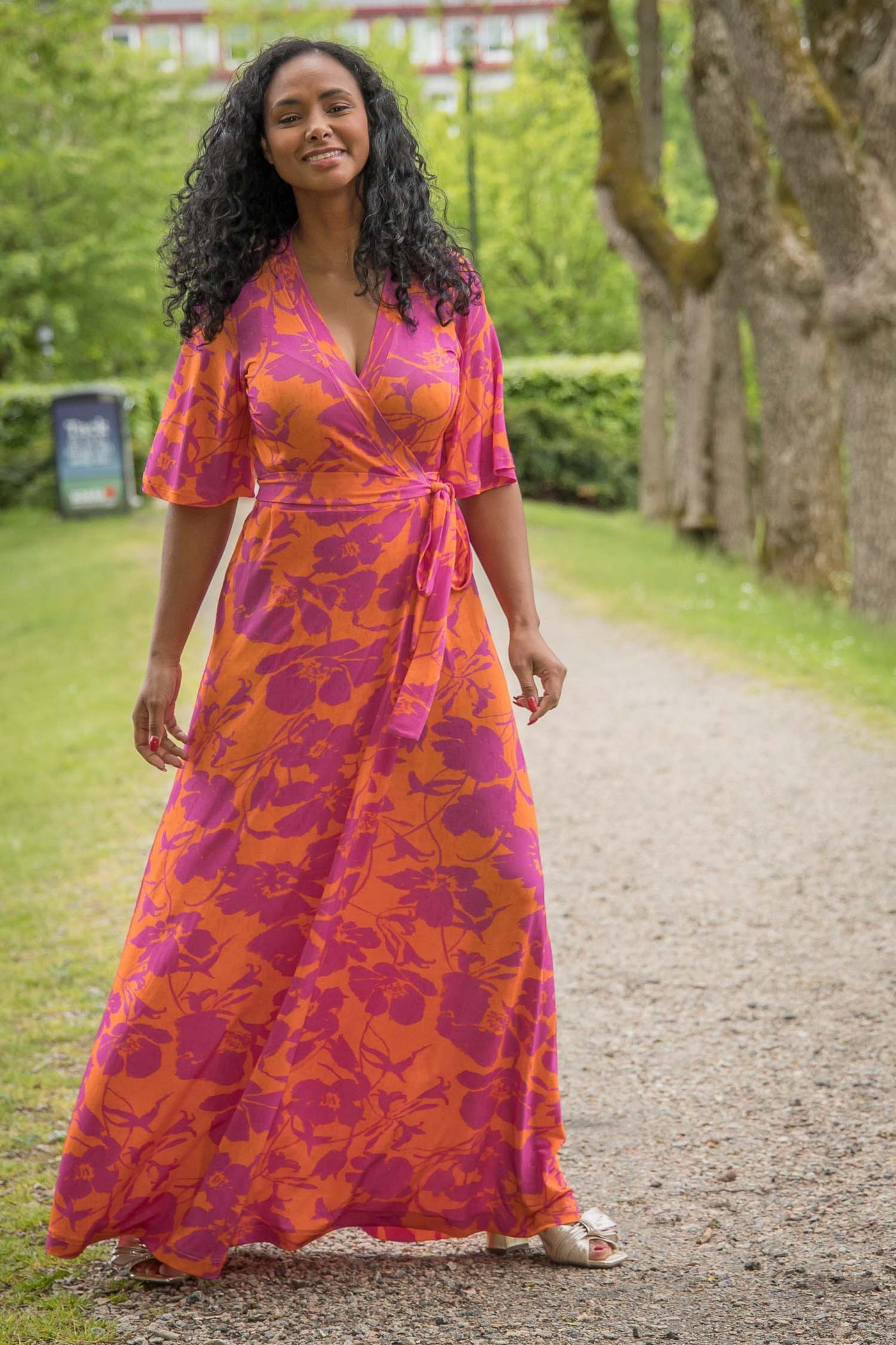 Bestie shine wrap maxi jersey dress - Pink-Orange