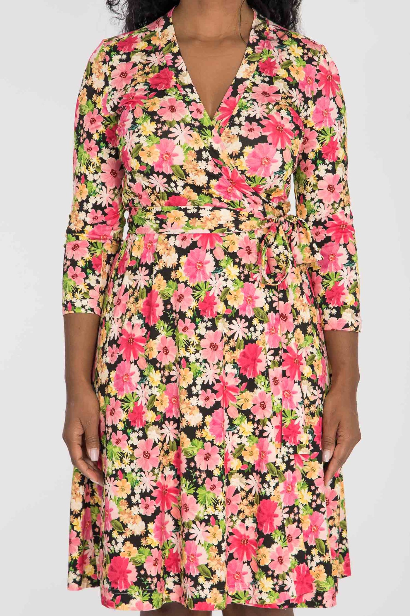 Bestie wrap short jersey dress - Pink flowers