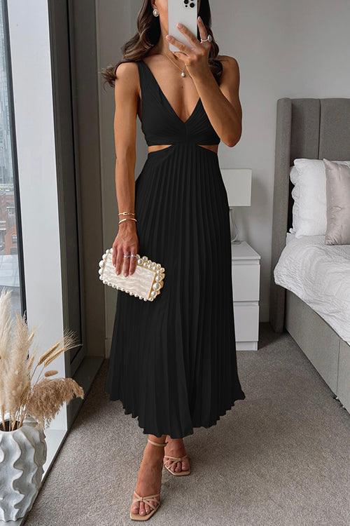 Reyanna™ | V Neck Cut Out Waist Sleeveless Pleated Maxi Dress