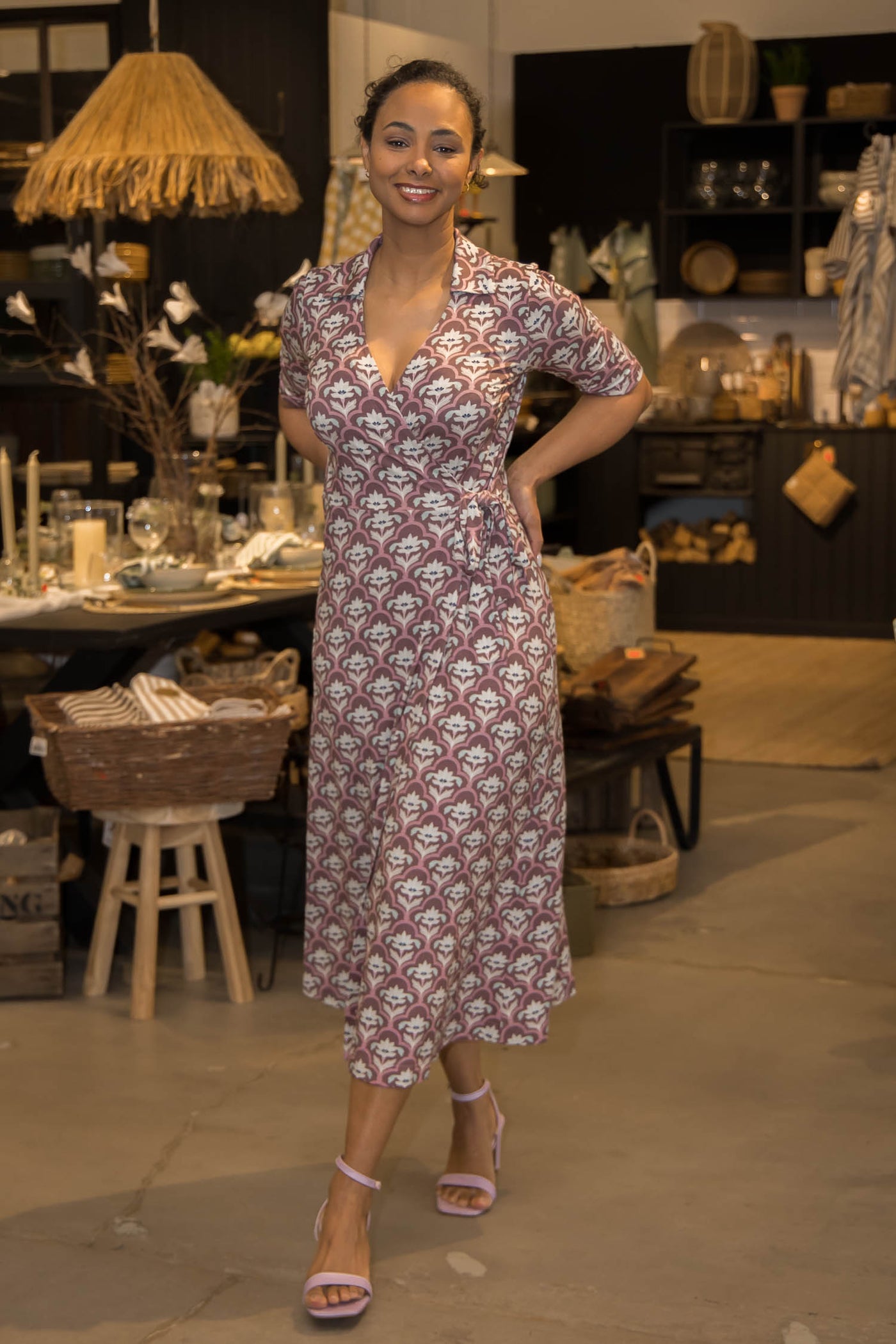 Collar wrap midi jersey dress - Mauve