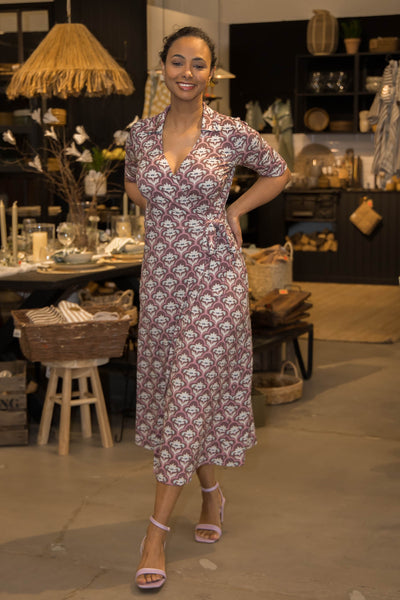 Collar wrap midi jersey dress - Mauve
