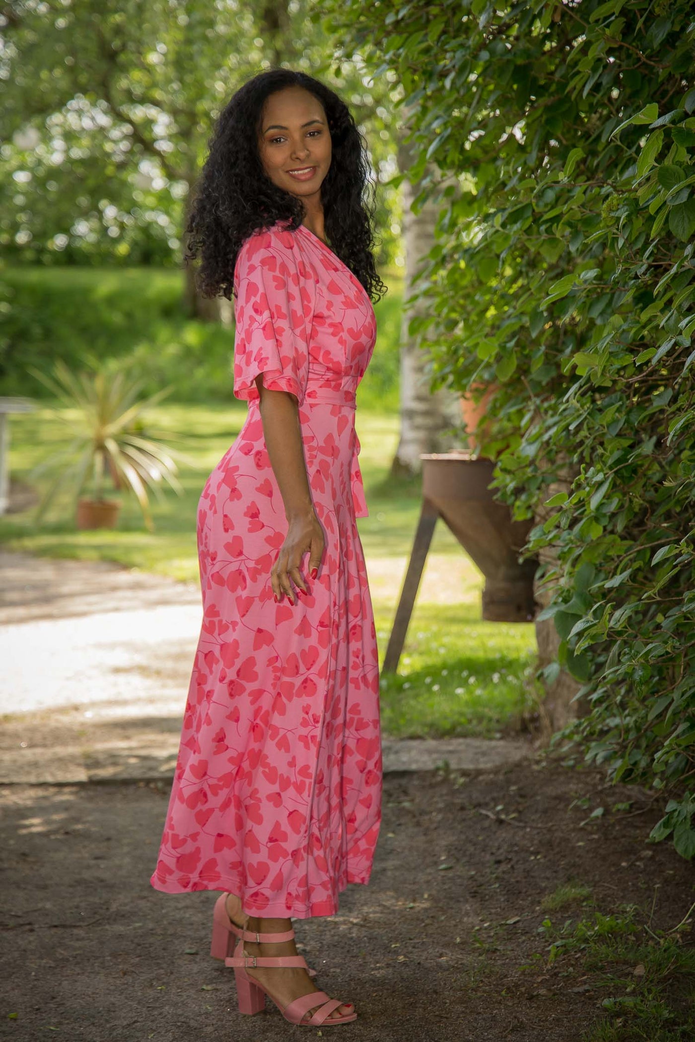 Essential bell sleeve long jersey dress - Pink