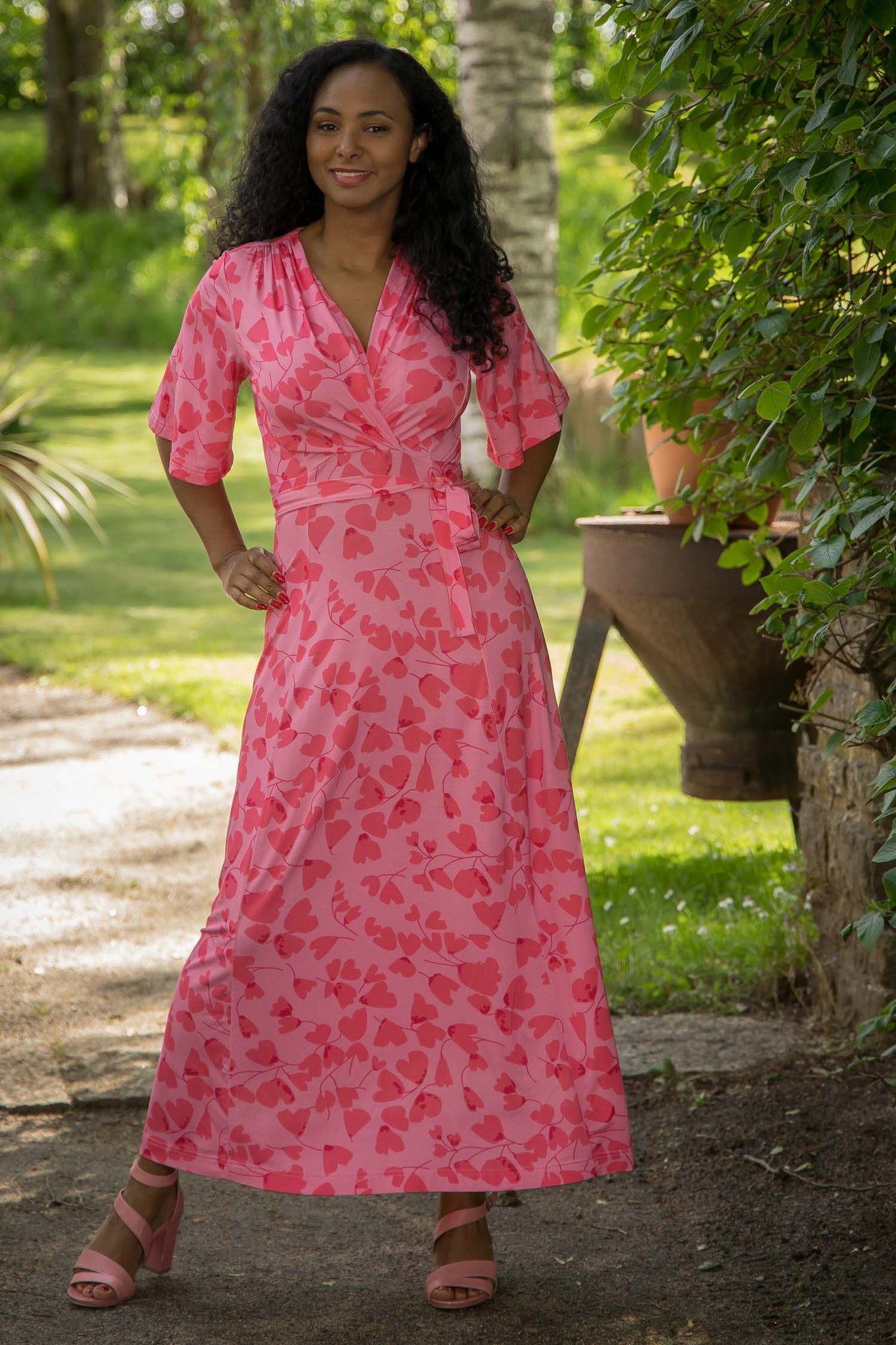 Essential bell sleeve long jersey dress - Pink