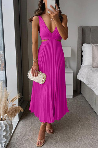 Reyanna™ | V Neck Cut Out Waist Sleeveless Pleated Maxi Dress