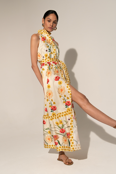 Reyanna™ | Floral High Collar Sleeveless Lace Up Midi Dress