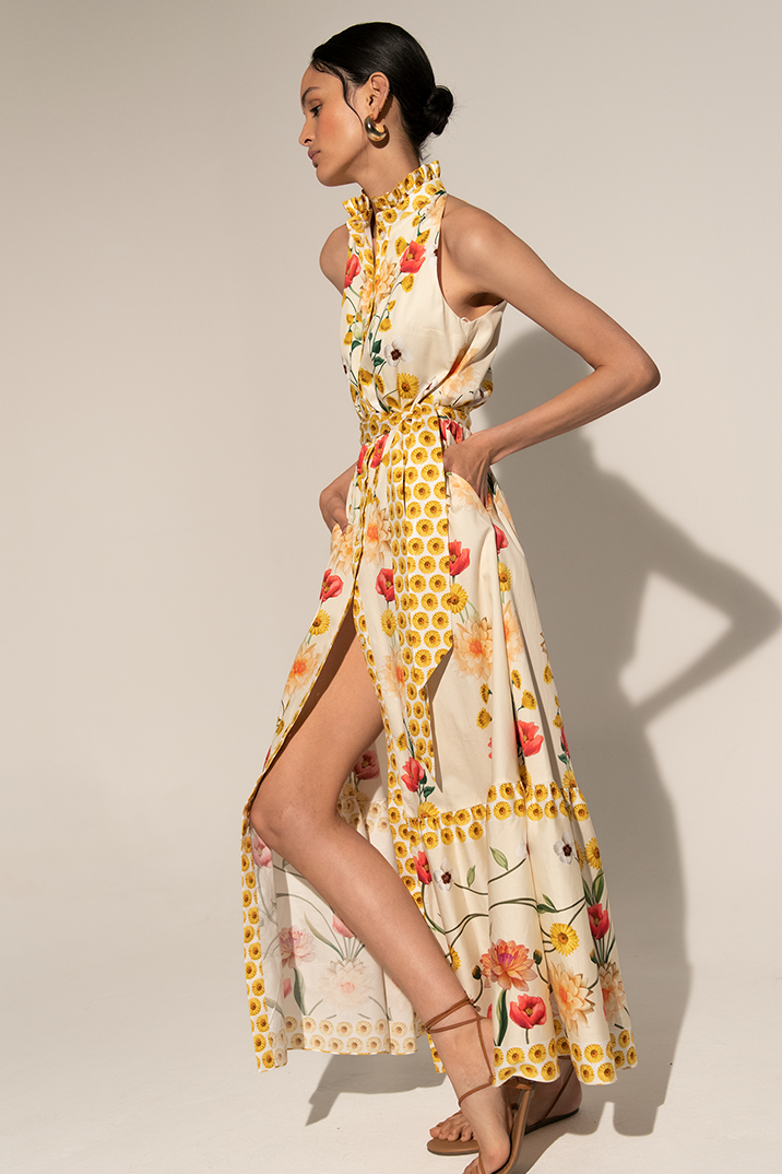 Reyanna™ | Floral High Collar Sleeveless Lace Up Midi Dress