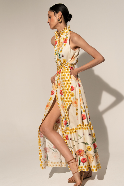 Reyanna™ | Floral High Collar Sleeveless Lace Up Midi Dress