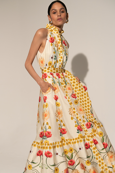 Reyanna™ | Floral High Collar Sleeveless Lace Up Midi Dress