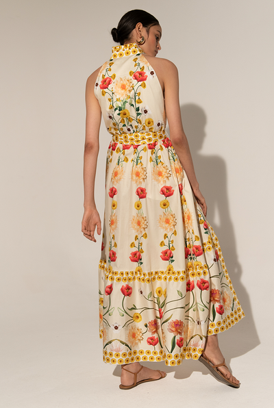 Reyanna™ | Floral High Collar Sleeveless Lace Up Midi Dress