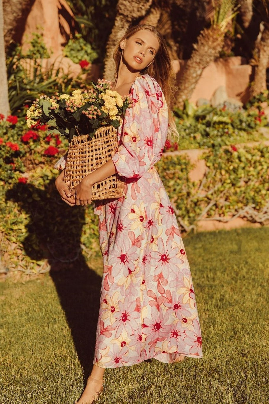 Reyanna™ | Floral Puff Sleeve Square Collar Backless Maxi Dress