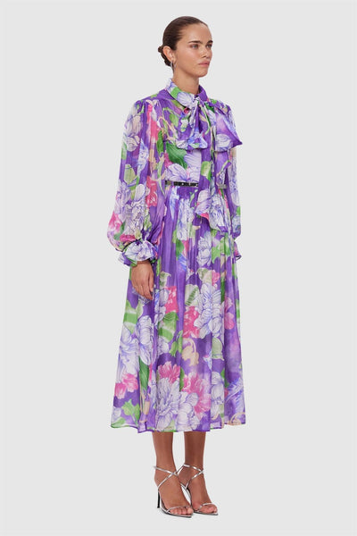 Reyanna™ | Floral Lantern Sleeve Lace-Up Midi Dress