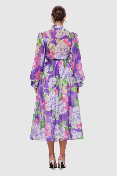 Reyanna™ | Floral Lantern Sleeve Lace-Up Midi Dress