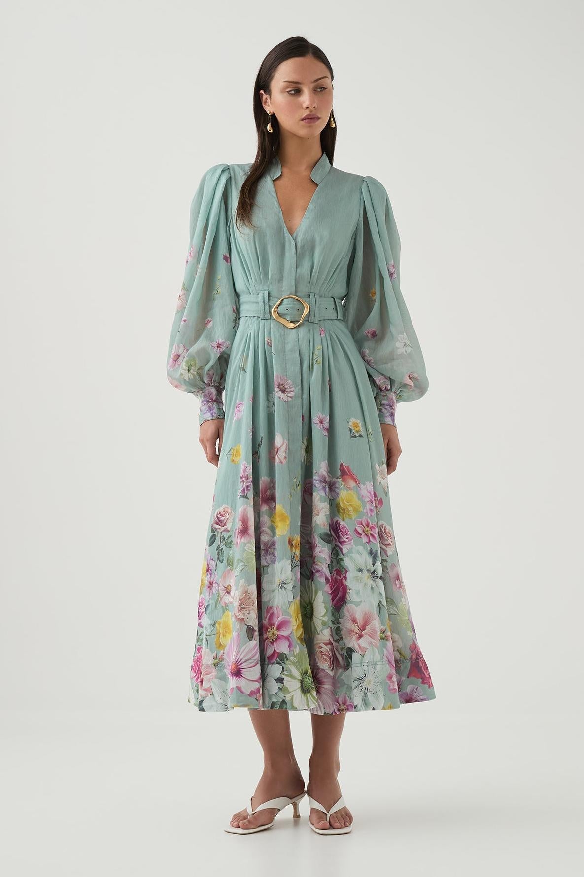 Reyanna™ | Floral Lantern Sleeve Midi Dress With Belt