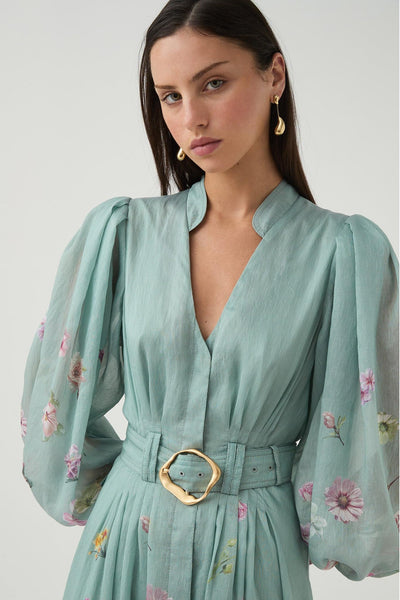 Reyanna™ | Floral Lantern Sleeve Midi Dress With Belt